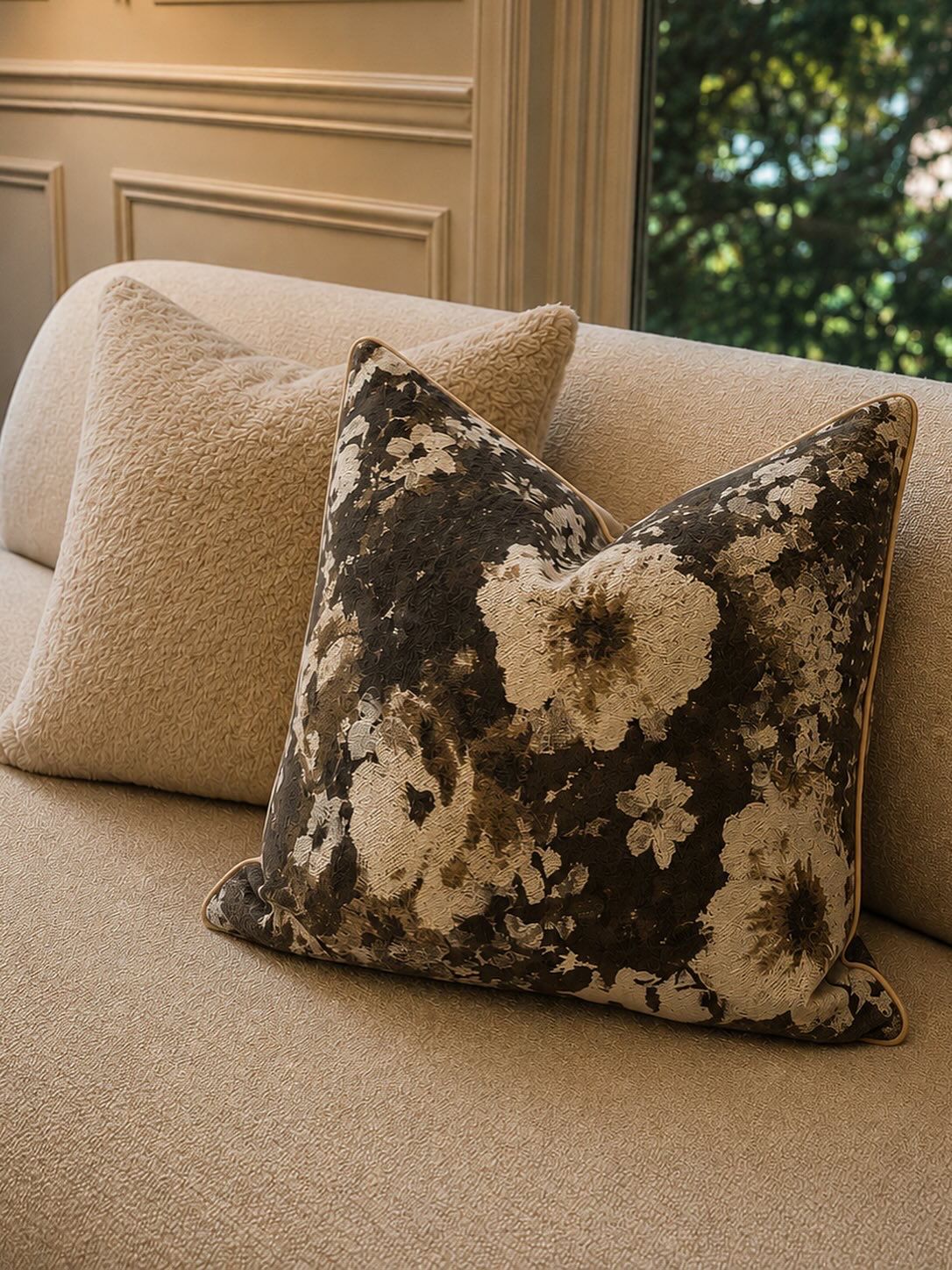 Floral velvet accent pillow on cream sofa