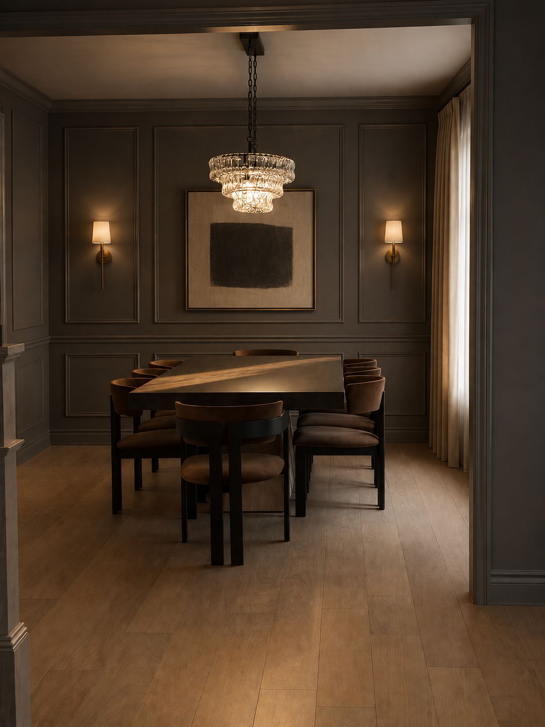 Moody dining room with crystal chandelier and leather chairs