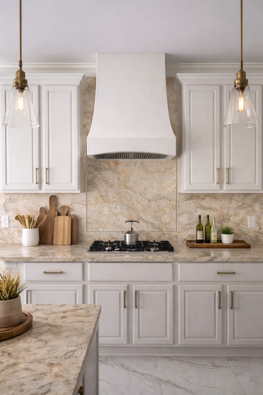 White kitchen with marble counters and brass pendant lights