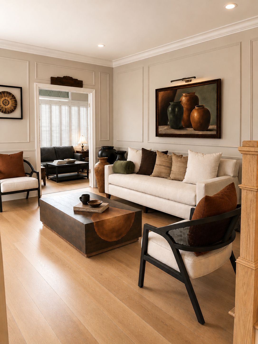 Classic living room with cream sofa and earthy tones